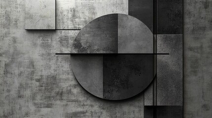Poster - Geometric abstract composition with circular and rectangular shapes in shades of black and gray on textured concrete background with Copy Space