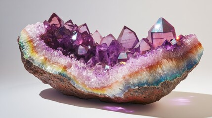 Poster - Amethyst geode with purple crystals and colorful banding on a white background with copy space