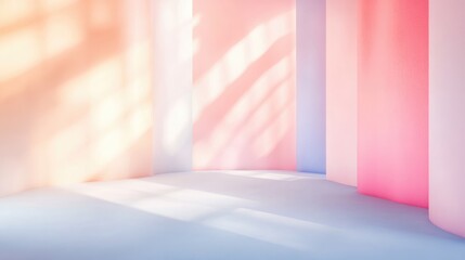 Poster - Colorful abstract interior space with soft gradient lighting and shadows on walls and floor, ideal for background or display, Copy Space