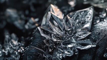 Poster - High-resolution close-up of intricate crystal formations on a dark textured background with copy space for text.