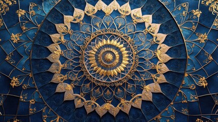 Poster - Intricate gold and blue mandala design with floral elements and detailed patterns on a textured background Copy Space