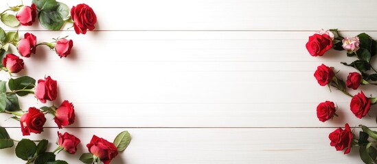 Poster - Red roses on a white wooden background with copy space for text or graphics. Fresh floral arrangement with green leaves.