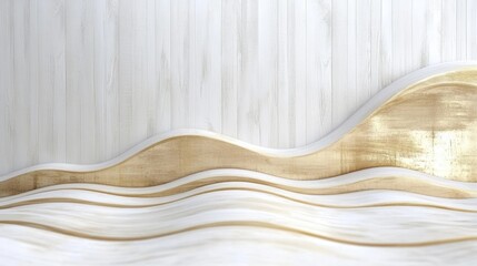 Poster - Abstract wavy background with textured white and gold layers against a minimalist wooden wall Copy Space