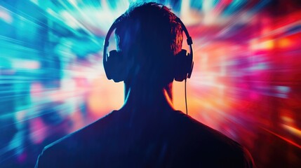 Poster - Silhouette of a person wearing headphones with colorful abstract light effects and motion blur in the background Copy Space