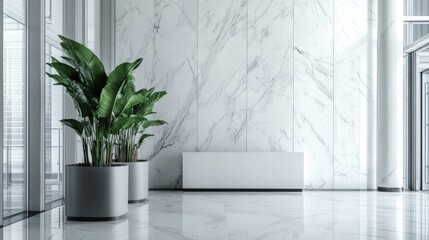 Poster - modern interior with large potted plants against marble walls and floor, featuring abundant natural 