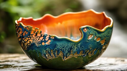 Poster - Decorative ceramic bowl with intricate patterns and vibrant colors resting on wooden surface outdoors with blurred background and Copy Space