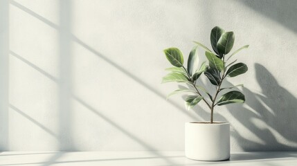 Poster - Minimalist indoor plant in white pot casting shadows on textured wall with natural light and copy space for text.