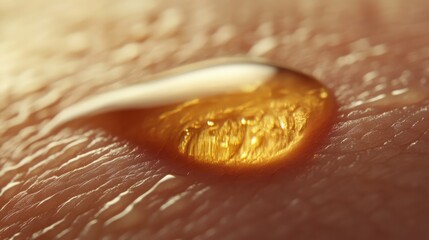 Poster - Macro close-up of a water droplet on skin surface with golden highlights and detailed texture, Copy Space available