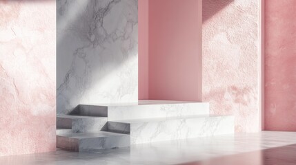 Poster - Modern minimalist interior with pink and marble textures featuring steps and walls, suitable for background or presentation, Copy Space