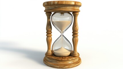 Poster - Wooden hourglass with flowing sand on a white background, Copy Space available for text or graphic overlay.
