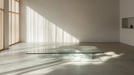 Poster - Minimalist interior space with glass table casting shadows and light patterns on floor Copy Space