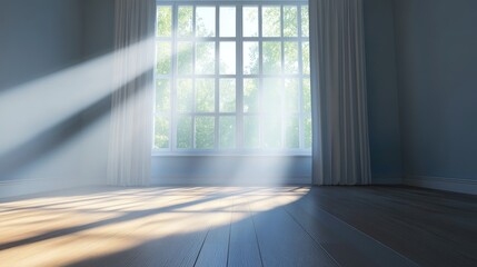 Poster - Sunlight streaming through large windows in a bright empty room with wooden flooring and soft curtains Copy Space