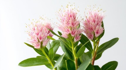 Poster - Pink flowering plant with lush green leaves on a white background showcasing botanical details and textures Copy Space