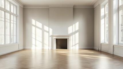 Poster - Bright empty room with large windows casting shadows on wooden floor and fireplace against a neutral wall Copy Space