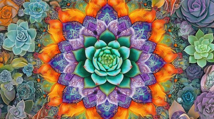 Poster - Colorful geometric pattern featuring succulents and floral elements with vibrant hues and intricate details. Copy Space available.
