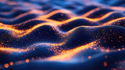 Poster - Abstract close-up of glowing orange and blue waves with sparkling particles on a dark background Copy Space