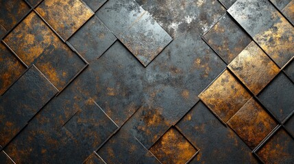 Poster - Textured metallic surface with geometric patterns of steel and copper tones featuring rust and wear ideal for backgrounds Copy Space