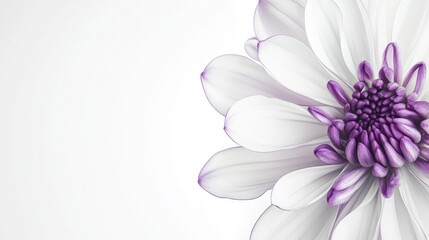 Poster - White flower with purple accents on white background showcasing delicate petals and Copy Space for text placement