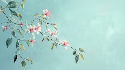 Poster - Delicate pink floral branch with green leaves on a soft textured blue background with Copy Space for text placement