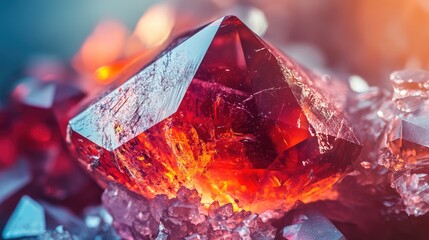 Poster - Close-up view of a vibrant red crystal with sharp facets surrounded by smaller crystals and colorful bokeh in the background Copy Space