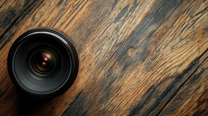 Poster - Close up of a black camera lens resting on a textured wooden table surface with natural tones and ample copy space for creative text placement