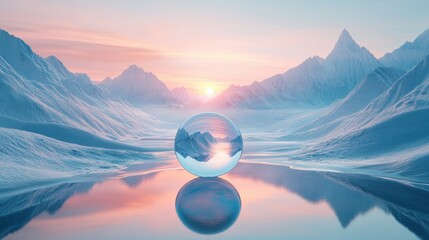 Wall Mural - Serene Glass Sphere Reflecting Majestic Ice Mountains at Sunset