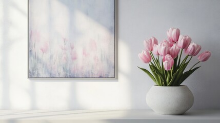 Poster - Pink tulips in a modern white vase against a light background with shadow play and abstract floral artwork on the wall Copy Space