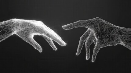 Poster - Two hands reaching out, symbolizing connection and technology through a digital wireframe design.