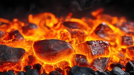 Poster - Glowing charcoal embers with intense orange and red hues against a dark background Copy Space