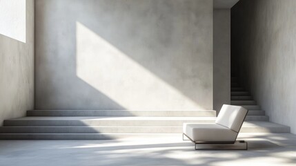 Poster - Modern minimalist interior with a single white chair and natural light casting shadows on concrete walls, featuring steps in the background, Copy Space.