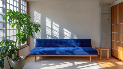 Poster - Modern interior with blue sofa, green plant, and natural light casting shadows on the wall, featuring ample copy space for text.