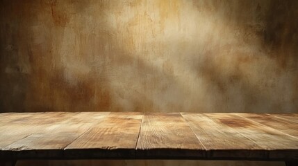 Poster - Wooden table surface with textured brown background and warm tones ideal for product display or text placement Copy Space