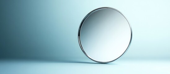 Poster - Modern Business Technology Reflection in Circular Mirror with Blue Background and Empty Copy Space for Text in Professional Setting