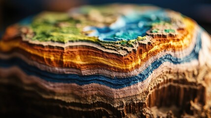 Poster - Colorful layers of wood resembling geological strata with vibrant hues of blue, orange, yellow, green, and natural textures Copy Space