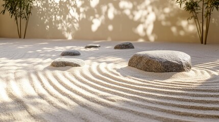 Poster - Zen garden with rocks and raked sand patterns natural light shadows Copy Space