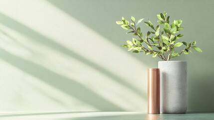 Poster - Modern interior scene featuring a green leafy plant in a white and copper vase against a soft green background with natural shadows Copy Space