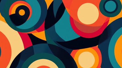 Poster - Colorful abstract circles in varying sizes with bold geometric shapes and warm tones, suitable for background or design use. Copy Space.