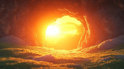 Wall Mural - Sunlight Streaming Through Cave Entrance in Vibrant Landscape