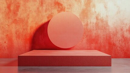 Poster - Abstract minimalistic scene featuring a floating circular object against a textured red wall with a platform, ample copy space available.