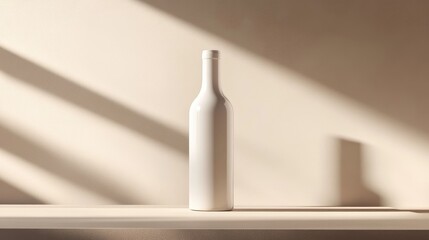 Poster - Minimalist white bottle on a shelf with soft shadows and warm background natural light Copy Space for text placement.
