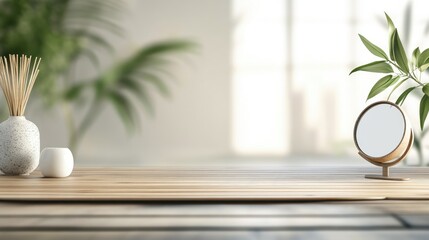 Poster - Modern minimalist interior with decorative plants and a mirror on a wooden table with copy space for text
