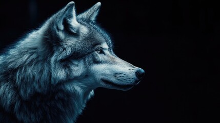 Poster - Graceful gray wolf profile against a dark backdrop in the wilderness featuring soft textures and ample copy space for text highlighting nature's beauty.