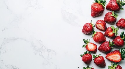 Canvas Print - Fresh Red Strawberries Arranged on a Light Marble Background with Space for Text Healthy Organic Food Conceptual Photography