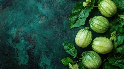 Canvas Print - Fresh Green Zucchini Arranged on Dark Green Leaves with Text Space for Food Photography Conceptual Use in Culinary and Organic Themes