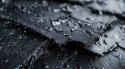 Poster - Black textured surface with layered sheets of glossy material, featuring a rough uneven finish and subtle shine, Copy Space available.