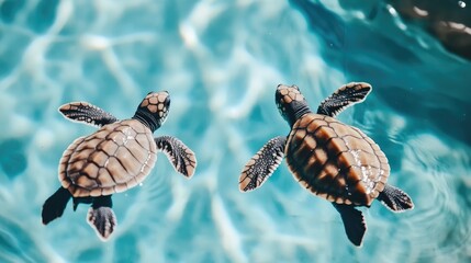 Aufkleber - Adorable baby sea turtles swimming gracefully in clear blue water illuminated by sun rays with tranquil surface reflections and ample copy space for text.