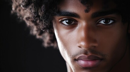 Poster - Close up portrait of a young multiracial man with curly dark hair and deep brown eyes against a dark background providing empty space for text.