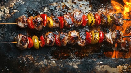 Poster - Grilled meat skewers with colorful bell peppers on charred grill under flames with empty space for text in a picnic setting