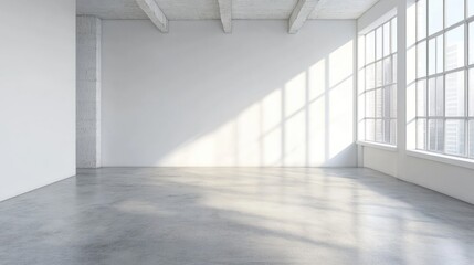 Wall Mural - Empty spacious room with large windows and concrete floor illuminated by natural light Copy Space