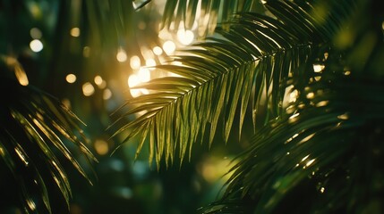 Poster - Lush green palm leaves with sunlight filtering through, creating a bokeh effect in a tropical environment Copy Space